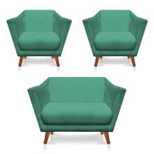 Kit 2 Poltronas e Namoradeira Pérsia Suede Azul Turquesa Pés Chanfrado Castanho - Pallazio