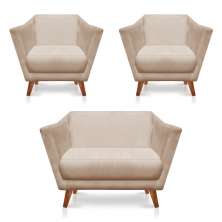 Kit 2 Poltronas e Namoradeira Pérsia Suede Bege Pés Chanfrado Castanho - Pallazio