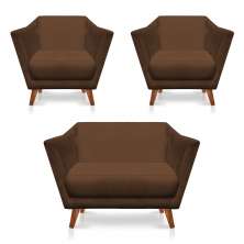 Kit 2 Poltronas e Namoradeira Pérsia Suede Marrom Pés Chanfrado Castanho - Pallazio
