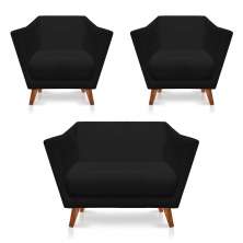 Kit 2 Poltronas e Namoradeira Pérsia Suede Preto Pés Chanfrado Castanho - Pallazio