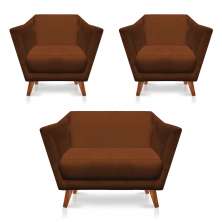 Kit 2 Poltronas e Namoradeira Pérsia Suede Terracota Pés Chanfrado Castanho - Pallazio