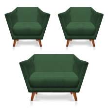 Kit 2 Poltronas e Namoradeira Pérsia Suede Verde Pés Chanfrado Castanho - Pallazio