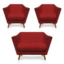 Kit 2 Poltronas e Namoradeira Pérsia Suede Vermelho Pés Chanfrado Castanho - Pallazio