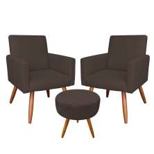 Kit 2 Poltronas e Puff Banqueta Redonda Nina Suede Marrom Pés Palito Castanho - Pallazio