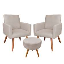 Kit 2 Poltronas e Puff Banqueta Redonda Nina Suede Pés Palito Castanho - Pallazio