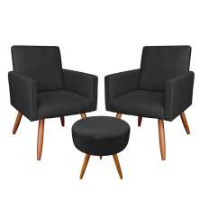 Kit 2 Poltronas e Puff Banqueta Redonda Nina Suede Preto Pés Palito Castanho - Pallazio