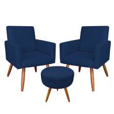 Kit 2 Poltronas e Puff Banqueta Redonda Nina Veludo Azul Marinho Pés Palito Castanho - Pallazio