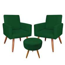 Kit 2 Poltronas e Puff Banqueta Redonda Nina Veludo Verde Pés Palito Castanho - Pallazio