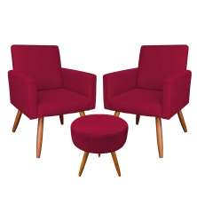 Kit 2 Poltronas e Puff Banqueta Redonda Nina Veludo Vermelho Pés Palito Castanho - Pallazio