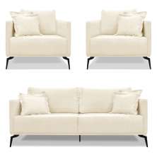 Kit 2 Poltronas e Sofá Living 2 Lugares 1,60m Sirius Linho Bege Pés Metálicos - Pallazio