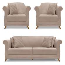 Kit 2 Poltronas e Sofá Living 2 Lugares 1,60m Vênus Linho Areia Pés Castanho - Pallazio