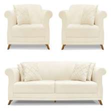 Kit 2 Poltronas e Sofá Living 2 Lugares 1,60m Vênus Linho Bege Pés Castanho - Pallazio