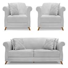 Kit 2 Poltronas e Sofá Living 2 Lugares 1,60m Vênus Linho Cinza Pés Castanho - Pallazio