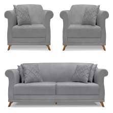 Kit 2 Poltronas e Sofá Living 2 Lugares 1,60m Vênus Linho Grafite Pés Castanho - Pallazio