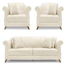 Kit 2 Poltronas e Sofá Living 2 Lugares 1,60m Vênus Linho Natural Pés Castanho - Pallazio