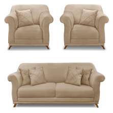 Kit 2 Poltronas e Sofá Living 2 Lugares 1,60m Vênus Suede Bege Pés Castanho - Pallazio