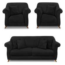 Kit 2 Poltronas e Sofá Living 2 Lugares 1,60m Vênus Suede Preto Pés Castanho - Pallazio