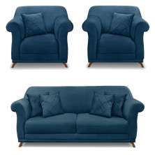 Kit 2 Poltronas e Sofá Living 2 Lugares 1,60m Vênus Veludo Azul Marinho Pés Castanho - Pallazio