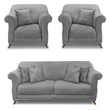 Kit 2 Poltronas e Sofá Living 2 Lugares 1,60m Vênus Veludo Cinza Grafite Pés Castanho - Pallazio