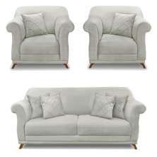 Kit 2 Poltronas e Sofá Living 2 Lugares 1,60m Vênus Veludo Cinza Prata Pés Castanho - Pallazio