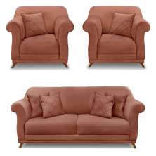 Kit 2 Poltronas e Sofá Living 2 Lugares 1,60m Vênus Veludo Cobre Pés Castanho - Pallazio