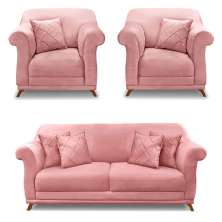 Kit 2 Poltronas e Sofá Living 2 Lugares 1,60m Vênus Veludo Rosa Pés Castanho - Pallazio