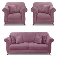 Kit 2 Poltronas e Sofá Living 2 Lugares 1,60m Vênus Veludo Uva Pés Castanho - Pallazio