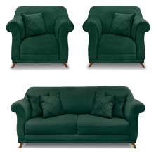 Kit 2 Poltronas e Sofá Living 2 Lugares 1,60m Vênus Veludo Verde Floresta Pés Castanho - Pallazio