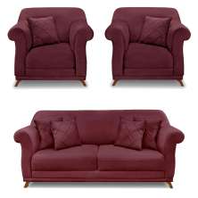 Kit 2 Poltronas e Sofá Living 2 Lugares 1,60m Vênus Veludo Vinho Pés Castanho - Pallazio
