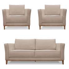 Kit 2 Poltronas e Sofá Living 2 Lugares 1,70m Vega Linho Areia Pés Castanho - Pallazio
