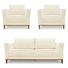 Kit 2 Poltronas e Sofá Living 2 Lugares 1,70m Vega Linho Bege Pés Castanho - Pallazio