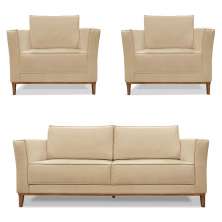 Kit 2 Poltronas e Sofá Living 2 Lugares 1,70m Vega Linho Dourado Pés Castanho - Pallazio