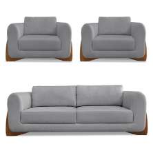 Kit 2 Poltronas e Sofá Living 2 Lugares 1,80m Lottus Linho Grafite Pés Castanho - Pallazio