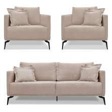 Kit 2 Poltronas e Sofá Living 2 Lugares 1,80m Sirius Linho Areia Pés Metálicos - Pallazio