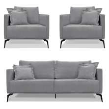 Kit 2 Poltronas e Sofá Living 2 Lugares 1,80m Sirius Linho Grafite Pés Metálicos - Pallazio