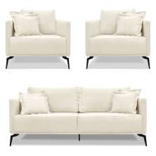 Kit 2 Poltronas e Sofá Living 2 Lugares 1,80m Sirius Linho Natural Pés Metálicos - Pallazio
