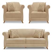 Kit 2 Poltronas e Sofá Living 2 Lugares 1,80m Vênus Linho Dourado Pés Castanho - Pallazio
