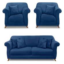 Kit 2 Poltronas e Sofá Living 2 Lugares 1,80m Vênus Suede Azul Marinho Pés Castanho - Pallazio