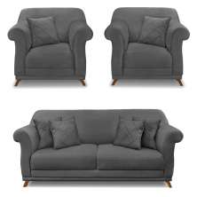 Kit 2 Poltronas e Sofá Living 2 Lugares 1,80m Vênus Suede Cinza Pés Castanho - Pallazio