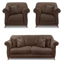 Kit 2 Poltronas e Sofá Living 2 Lugares 1,80m Vênus Veludo Marrom Pés Castanho - Pallazio