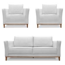 Kit 2 Poltronas e Sofá Living 2 Lugares 1,90m Vega Linho Cinza Pés Castanho - Pallazio