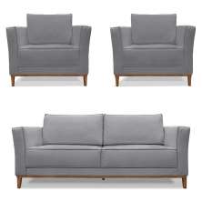 Kit 2 Poltronas e Sofá Living 2 Lugares 1,90m Vega Linho Grafite Pés Castanho - Pallazio
