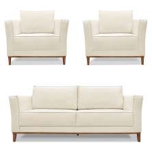 Kit 2 Poltronas e Sofá Living 2 Lugares 1,90m Vega Linho Natural Pés Castanho - Pallazio