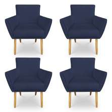 Kit 4 Poltronas Decorativa Leticia Suede Azul Marinho Pés Palito Castanho - Pallazio