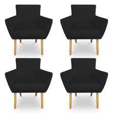 Kit 4 Poltronas Decorativa Leticia Suede Preto Pés Palito Castanho - Pallazio
