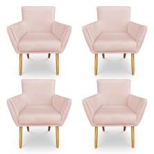 Kit 4 Poltronas Decorativa Leticia Suede Rosa Bebê Pés Palito Castanho - Pallazio