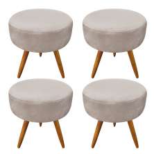 Kit 4 Puffs Banqueta Redonda Nina Suede Pés Palito Castanho - Pallazio