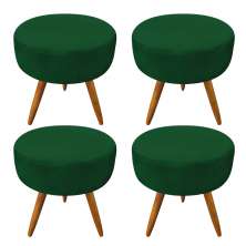 Kit 4 Puffs Banqueta Redonda Nina Suede Verde Pés Palito Castanho - Pallazio