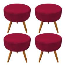 Kit 4 Puffs Banqueta Redonda Nina Suede Vermelho Pés Palito Castanho - Pallazio