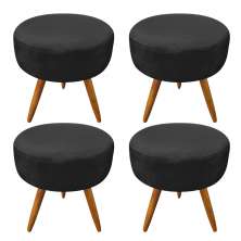 Kit 4 Puffs Banqueta Redonda Nina Veludo Preto Pés Palito Castanho - Pallazio